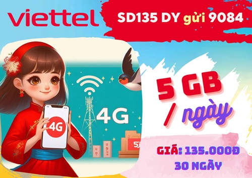 Gói cước SD135 Viettel: Ưu đãi 5GB mỗi ngày, chỉ 135k dùng 30 ngày
